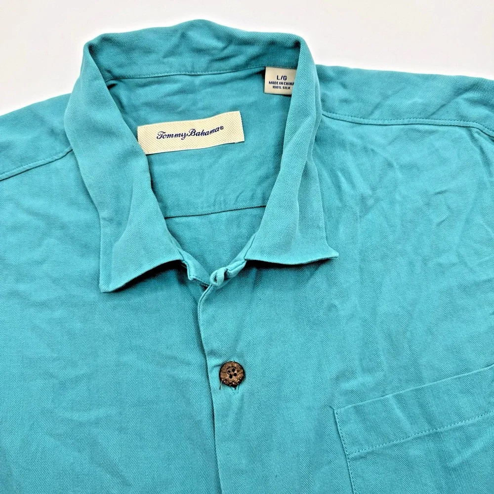 Tommy Bahama Men's Large Sea Blue 100% Silk Short Sleeve Camp Shirt Button Up - Picture 1 of 5